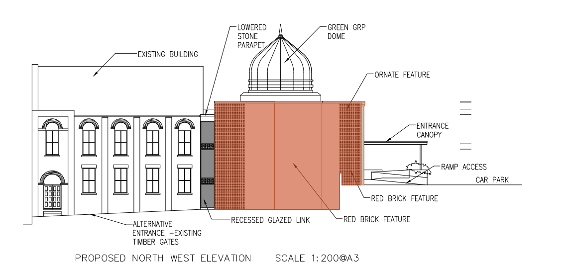 Proposed rear elevation of the new masjid extension